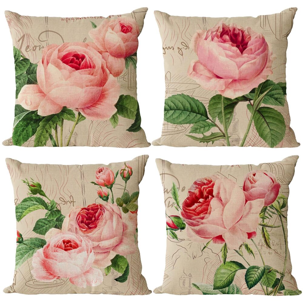 5349 Set of 4 Pink Rose Pillow Covers 20x20 Vintage Floral Decorative